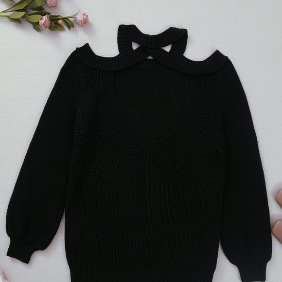 new Black Cold Shoulder Knit Pullover Sweater L - Picture 5 of 9